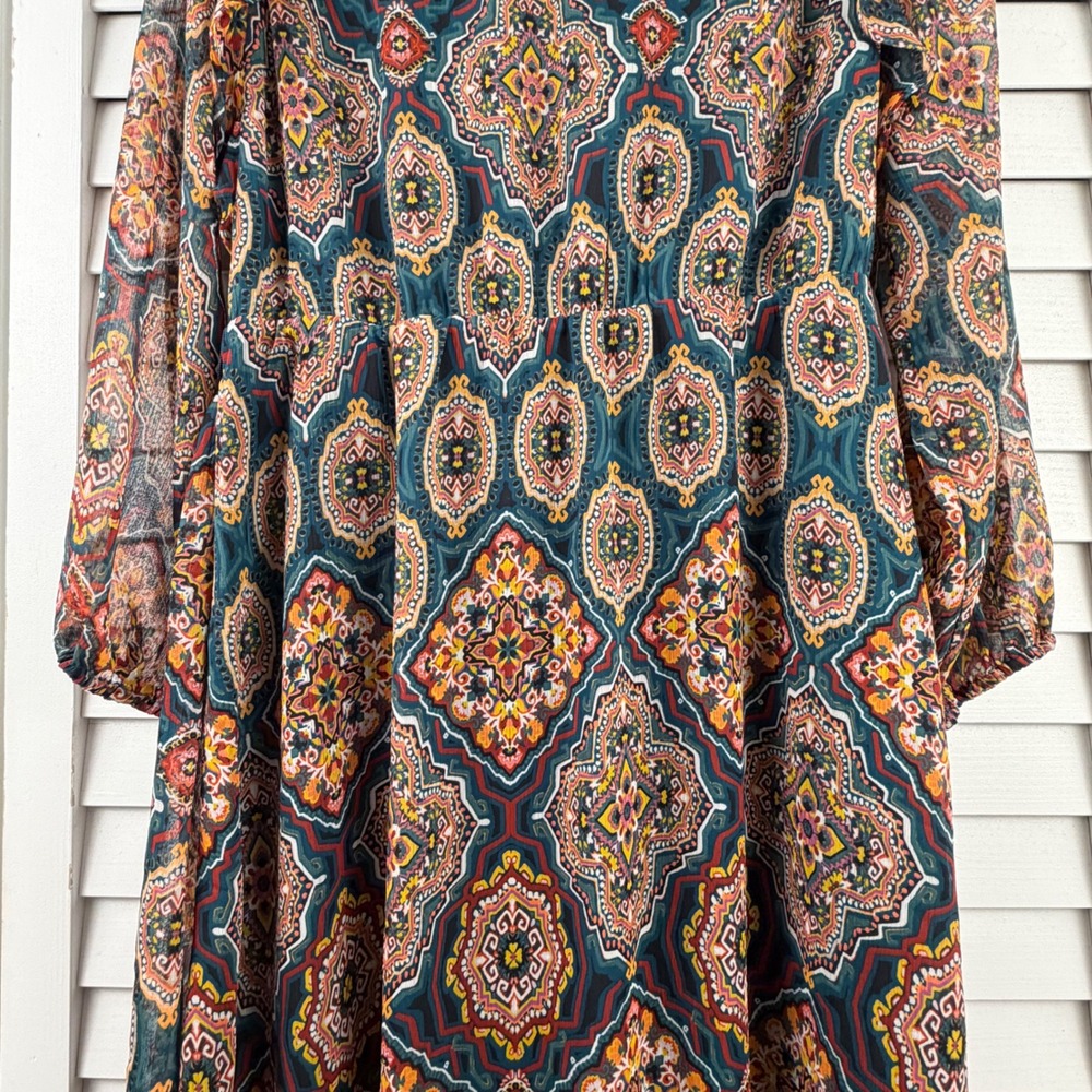 LOFT Midi Dress XL Teal Medallion Print Ruffle Split Neck Long Sleeve NEW - Picture 12 of 16